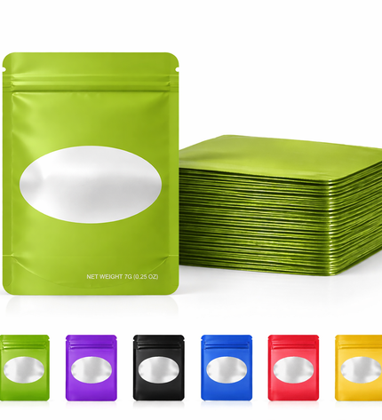 50 Pack – 7g Solid Color Mylar Bags with Oval Window - Green