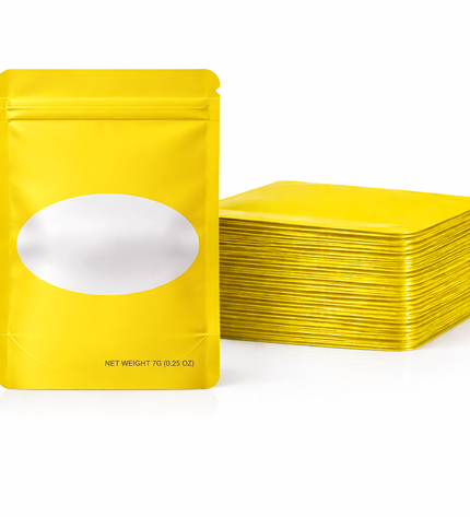 50 Pack – 7g Solid Color Mylar Bags with Oval Window - Yellow