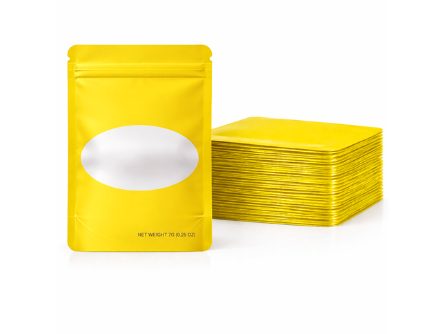 50 Pack – 14g Solid Color Mylar Bags with Oval Window - Yellow