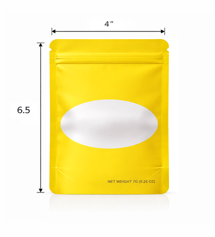 50 Pack – 7g Solid Color Mylar Bags with Oval Window - Yellow