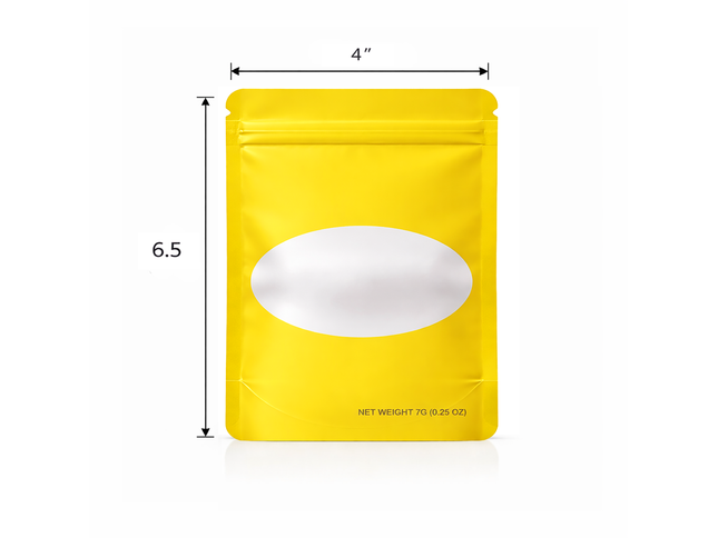 50 Pack – 14g Solid Color Mylar Bags with Oval Window - Yellow