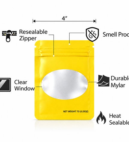 50 Pack – 7g Solid Color Mylar Bags with Oval Window - Yellow