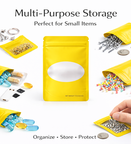 50 Pack – 14g Solid Color Mylar Bags with Oval Window - Yellow