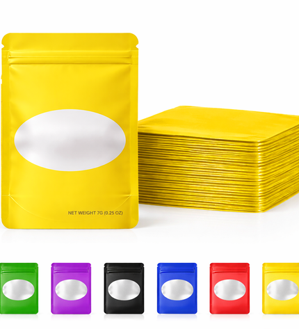 50 Pack – 7g Solid Color Mylar Bags with Oval Window - Yellow