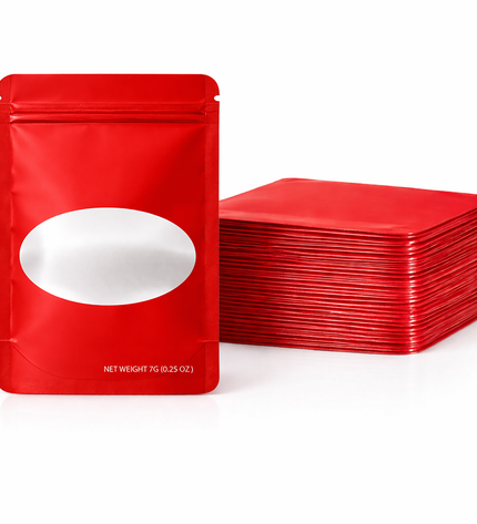 50 Pack – 7g Solid Color Mylar Bags with Oval Window - Red