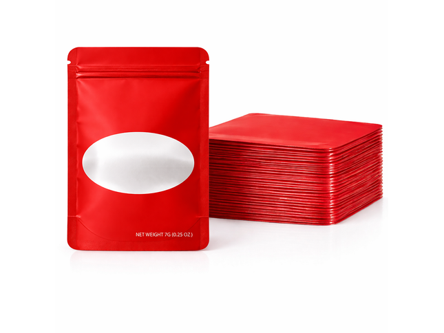 50 Pack – 7g Solid Color Mylar Bags with Oval Window - Red