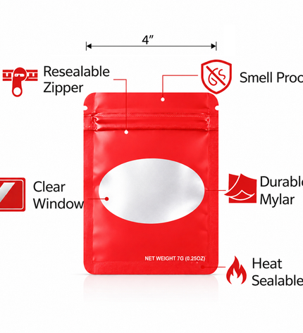 50 Pack – 7g Solid Color Mylar Bags with Oval Window - Red