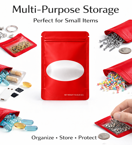 50 Pack – 7g Solid Color Mylar Bags with Oval Window - Red