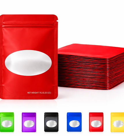 50 Pack – 7g Solid Color Mylar Bags with Oval Window - Red