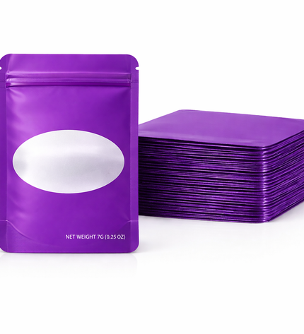 50 Pack – 7g Solid Color Mylar Bags with Oval Window - Purple