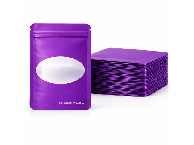 50 Pack – 7g Solid Color Mylar Bags with Oval Window - Purple