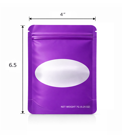 50 Pack – 7g Solid Color Mylar Bags with Oval Window - Purple