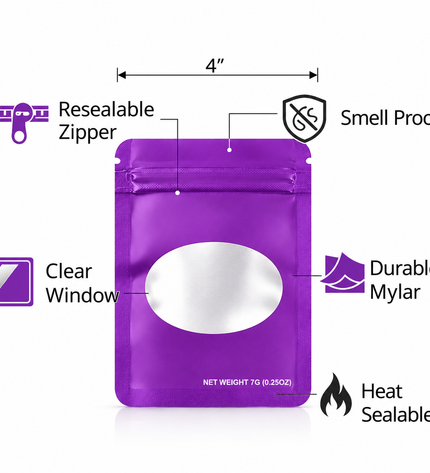 50 Pack – 7g Solid Color Mylar Bags with Oval Window - Purple
