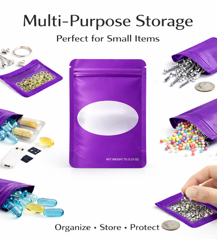50 Pack – 7g Solid Color Mylar Bags with Oval Window - Purple