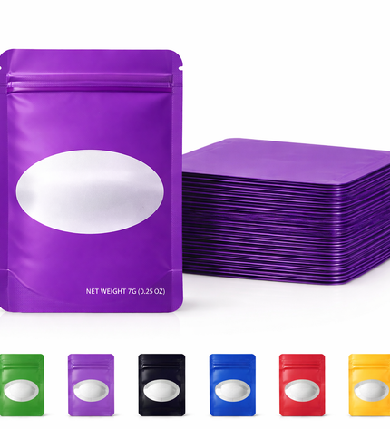 50 Pack – 14g Solid Color Mylar Bags with Oval Window - Purple