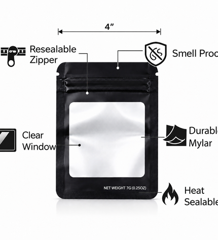50 Pack – 7g Solid Color Mylar Bags with Square Window - Black