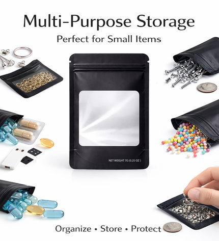 50 Pack – 7g Solid Color Mylar Bags with Square Window - Black