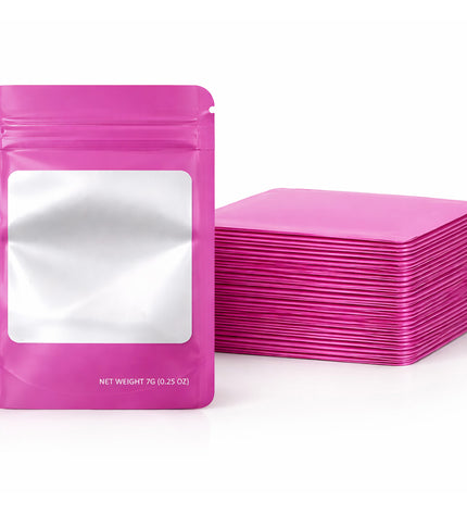 50 Pack – 14g Solid Color Mylar Bags with Square Window - Pink
