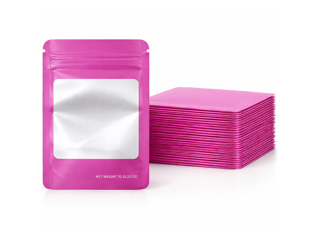50 Pack – 14g Solid Color Mylar Bags with Square Window - Pink