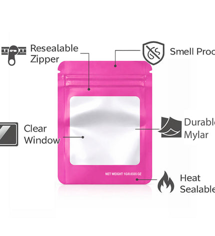 50 Pack – 7g Solid Color Mylar Bags with Square Window - Pink
