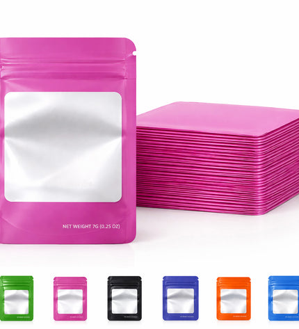 50 Pack – 14g Solid Color Mylar Bags with Square Window - Pink