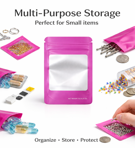 50 Pack – 7g Solid Color Mylar Bags with Square Window - Pink