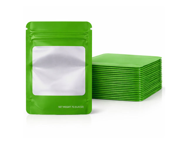 50 Pack – 7g Solid Color Mylar Bags with Square Window - Green
