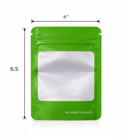 50 Pack – 7g Solid Color Mylar Bags with Square Window - Green