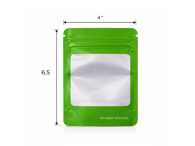 50 Pack – 7g Solid Color Mylar Bags with Square Window - Green