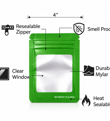 50 Pack – 14g Solid Color Mylar Bags with Square Window - Green