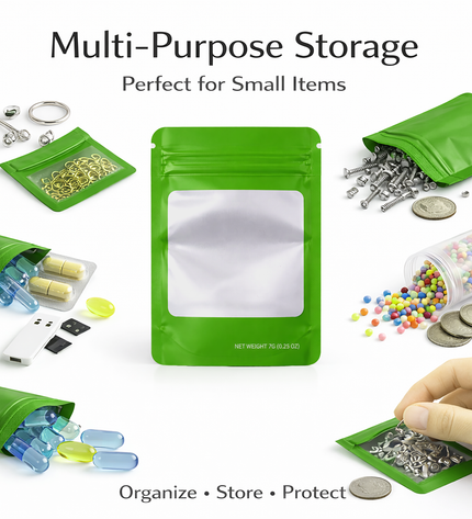 50 Pack – 14g Solid Color Mylar Bags with Square Window - Green