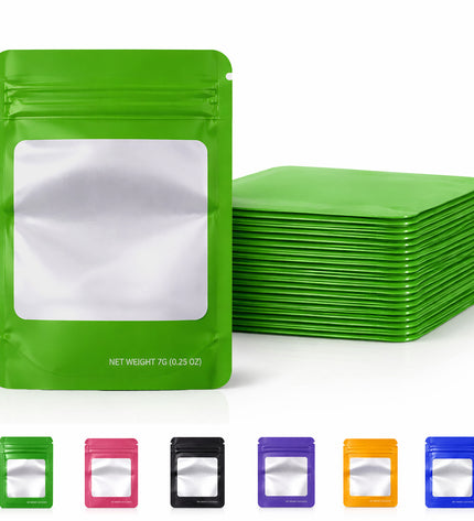 50 Pack – 14g Solid Color Mylar Bags with Square Window - Green