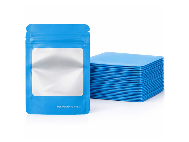 50 Pack – 7g Solid Color Mylar Bags with Square Window - Light Blue