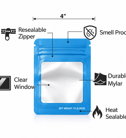 50 Pack – 14g Solid Color Mylar Bags with Square Window -  Light Blue