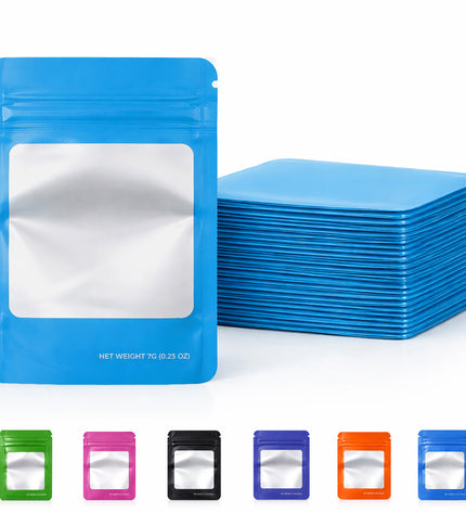 50 Pack – 14g Solid Color Mylar Bags with Square Window -  Light Blue
