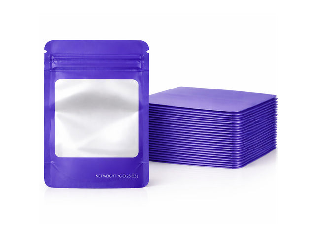50 Pack – 7g Solid Color Mylar Bags with Square Window - Purple