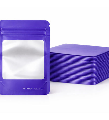 50 Pack – 14g Solid Color Mylar Bags with Square Window - Purple