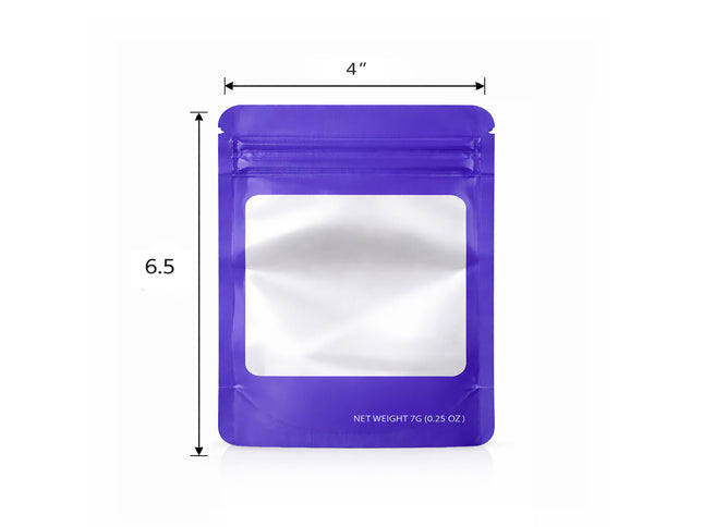 50 Pack – 7g Solid Color Mylar Bags with Square Window - Purple