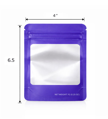 50 Pack – 14g Solid Color Mylar Bags with Square Window - Purple