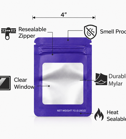 50 Pack – 7g Solid Color Mylar Bags with Square Window - Purple