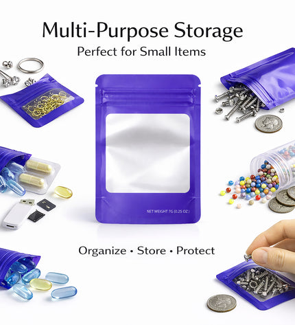 50 Pack – 14g Solid Color Mylar Bags with Square Window - Purple