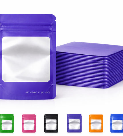 50 Pack – 14g Solid Color Mylar Bags with Square Window - Purple