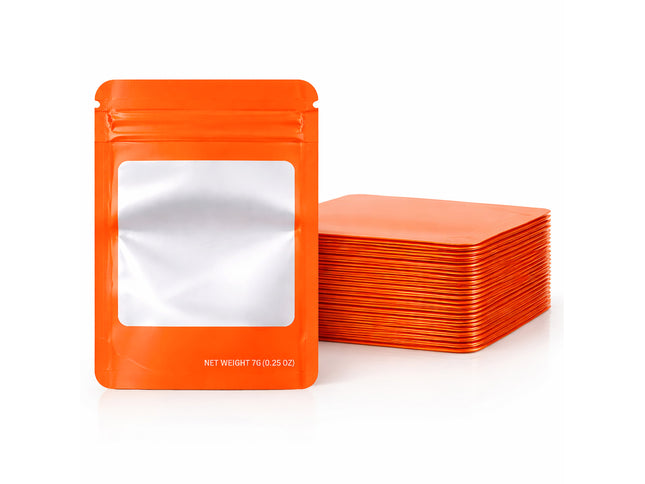 50 Pack – 7g Solid Color Mylar Bags with Square Window - Orange