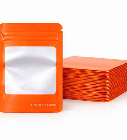 50 Pack – 14g Solid Color Mylar Bags with Square Window - Orange