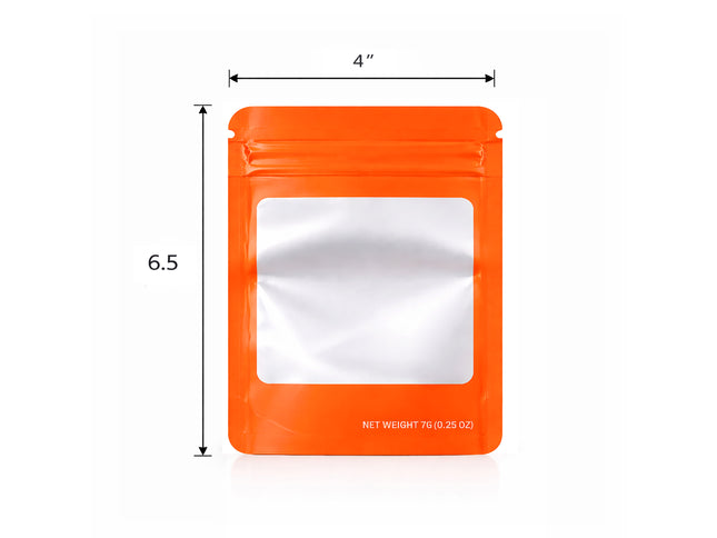 50 Pack – 7g Solid Color Mylar Bags with Square Window - Orange