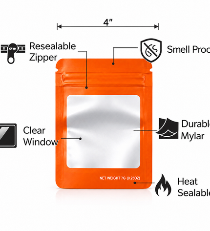 50 Pack – 7g Solid Color Mylar Bags with Square Window - Orange
