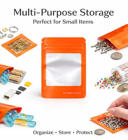 50 Pack – 14g Solid Color Mylar Bags with Square Window - Orange