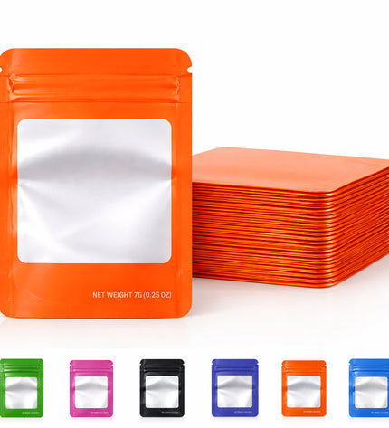 50 Pack – 7g Solid Color Mylar Bags with Square Window - Orange