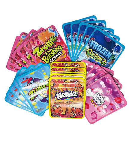 25-Pack 3.5g Thick Sticker Mylar Bags – Premium Resealable Packaging – Candy Mix Design Collection