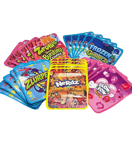 25-Pack 3.5g Thick Sticker Mylar Bags – Premium Resealable Packaging – Candy Mix Design Collection